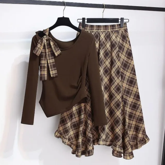 Irregular shoulder Long sleeve Top With A Plaid Skirt Suit Xl - Shop at LoveMi