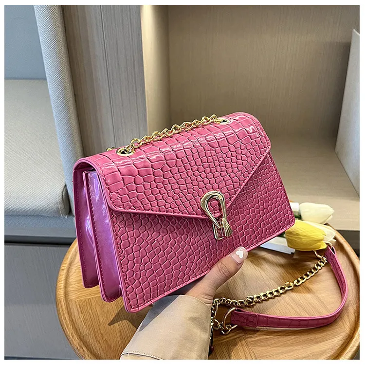 Rose Red Crocodile Pattern Women's Chain Bag - Rose