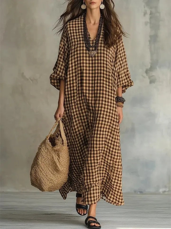 Retro Plaid Loose Cotton-Linen Womens Dress
