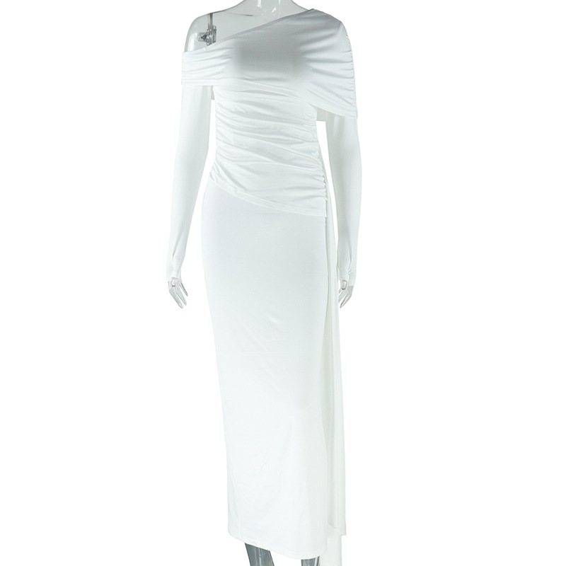 Women's Solid Color Dress With Diagonal Neckline Exposing One Shoulder Long Sleeve White - Shop at LoveMi