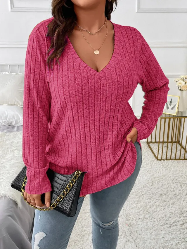 Top V neck Long Sleeve Sunken Stripe Brushed Loose Pullover Rose - Shop at LoveMi