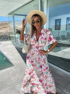 Summer Printed Short Sleeve Large Swing Skirt Dress - White - View 1