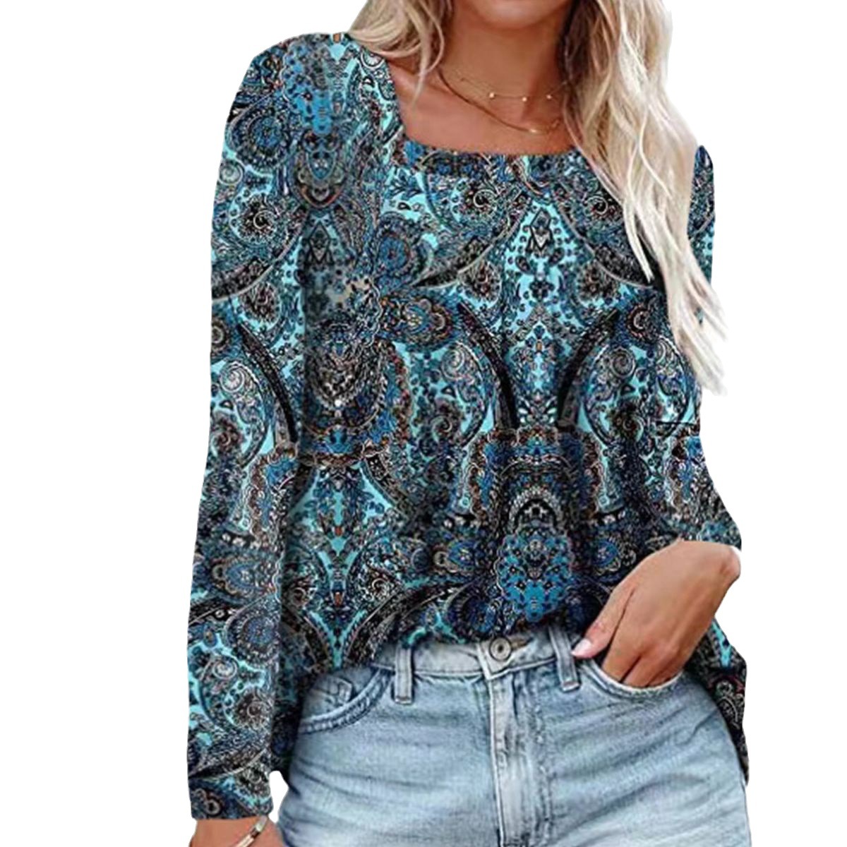 Square Collar Long Sleeve Dovetail Floral T-shirt