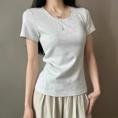 Solid Color Korean Style All-match U-collar Bottoming Top Women's Summer Cotton Short Sleeve Shoulder T-shirt Women - Heather Gray - View 1
