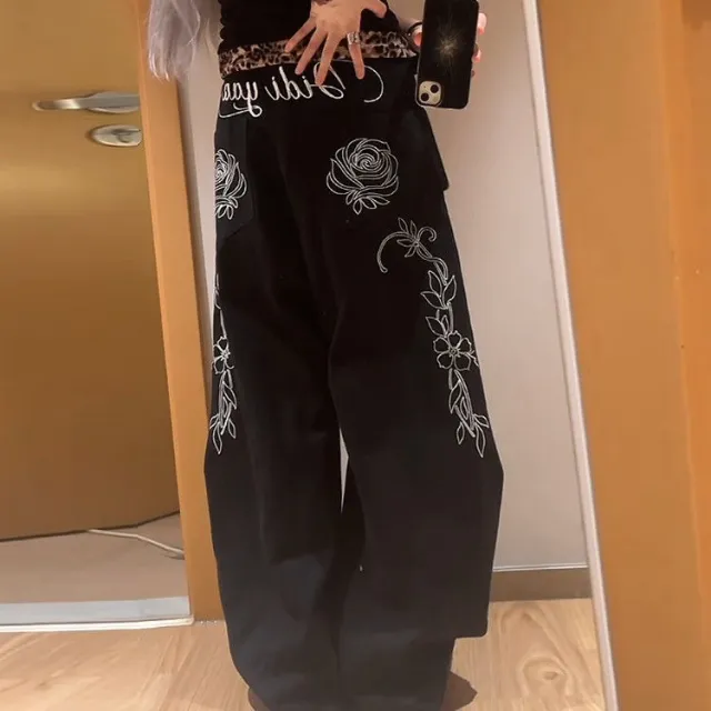 American style High street Tomboy Letter And Floral Embroidery Bootcut Jeans Black - Shop at LoveMi