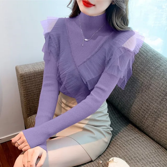 Women's Half turtleneck Off shoulder Sweater Mesh Purple - Shop at LoveMi