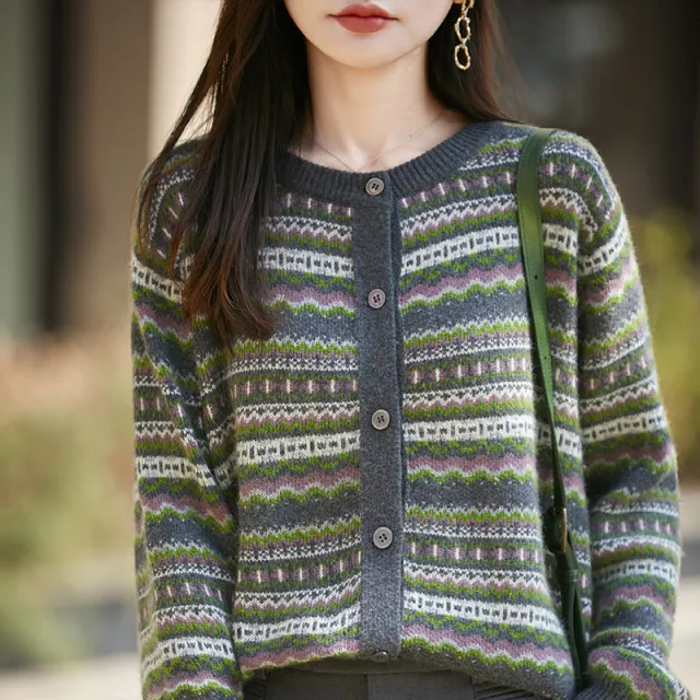 Womens Retro Jacquard Crew Neck Long Sleeve Sweater Gray - Shop at LoveMi