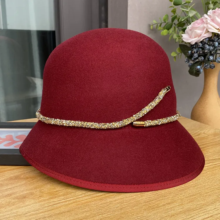 Simple Belt Decoration Bucket Female Autumn And Winter Fashion All-matching Wool Top Hat - Wine Red