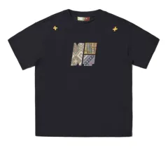 Paste Cloth Embroidery Retro Loose Casual All-match Short-sleeved T-shirt - Navy Blue - View 1