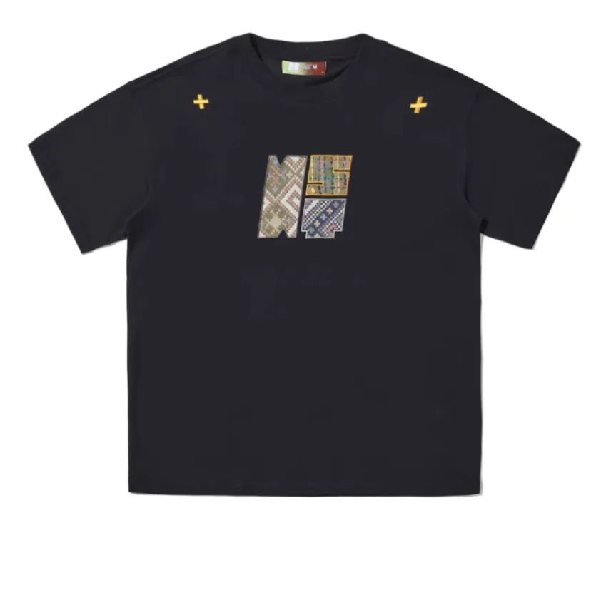 Paste Cloth Embroidery Retro Loose Casual All-match Short-sleeved T-shirt - Navy Blue
