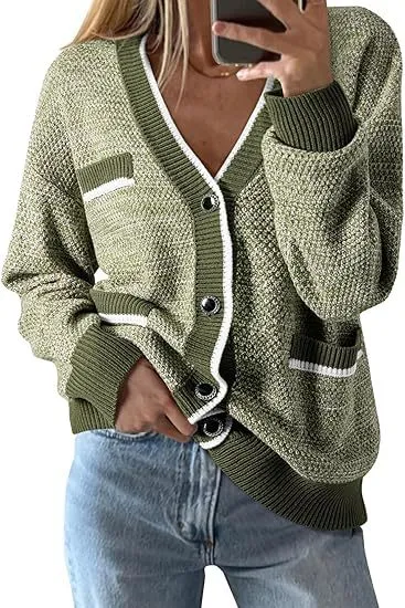 Women's V neck Pocket Long sleeved Knitted Cardigan Color Matching Green - Shop at LoveMi