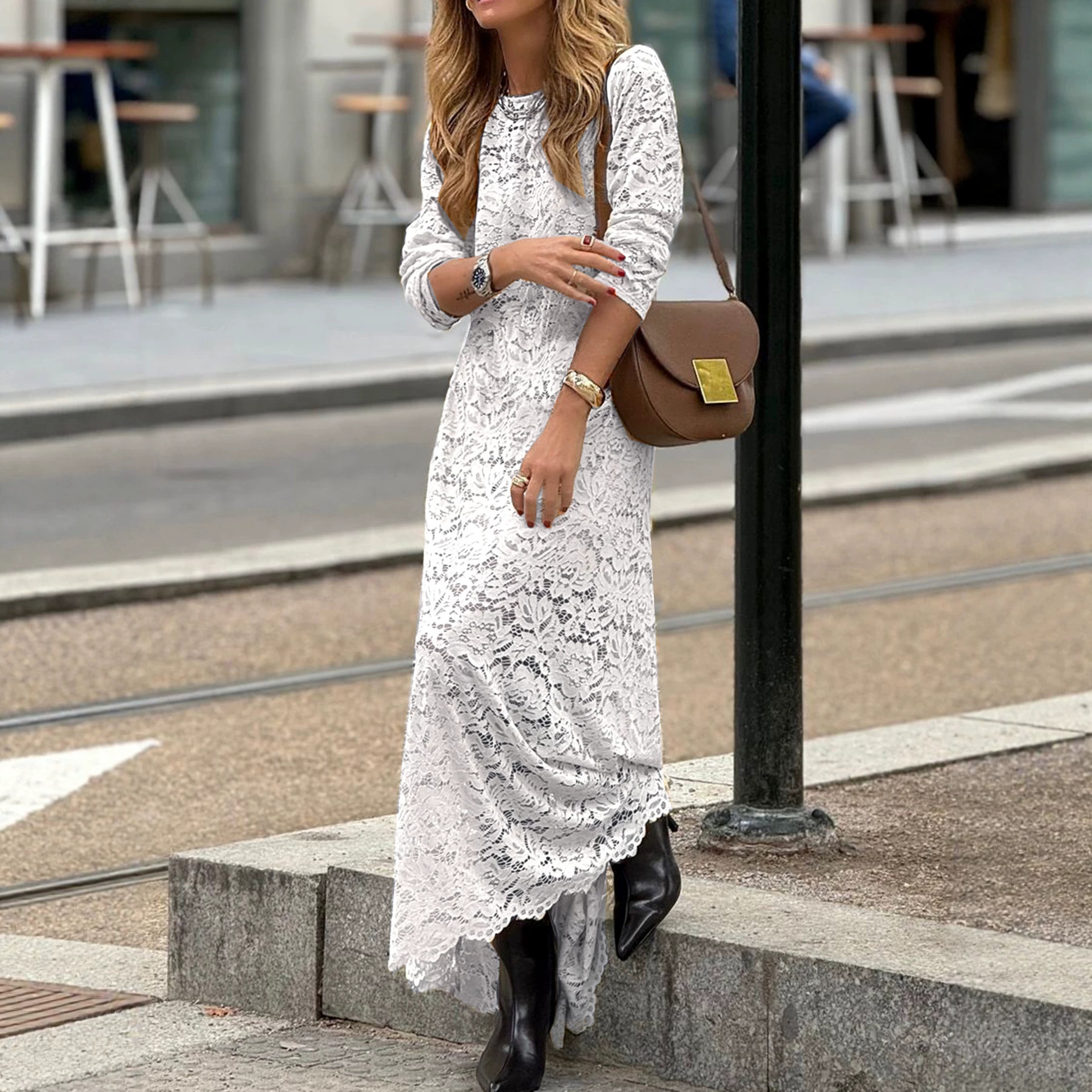 Women's Solid-color Dress With An Irregular Hem And Lace Trim