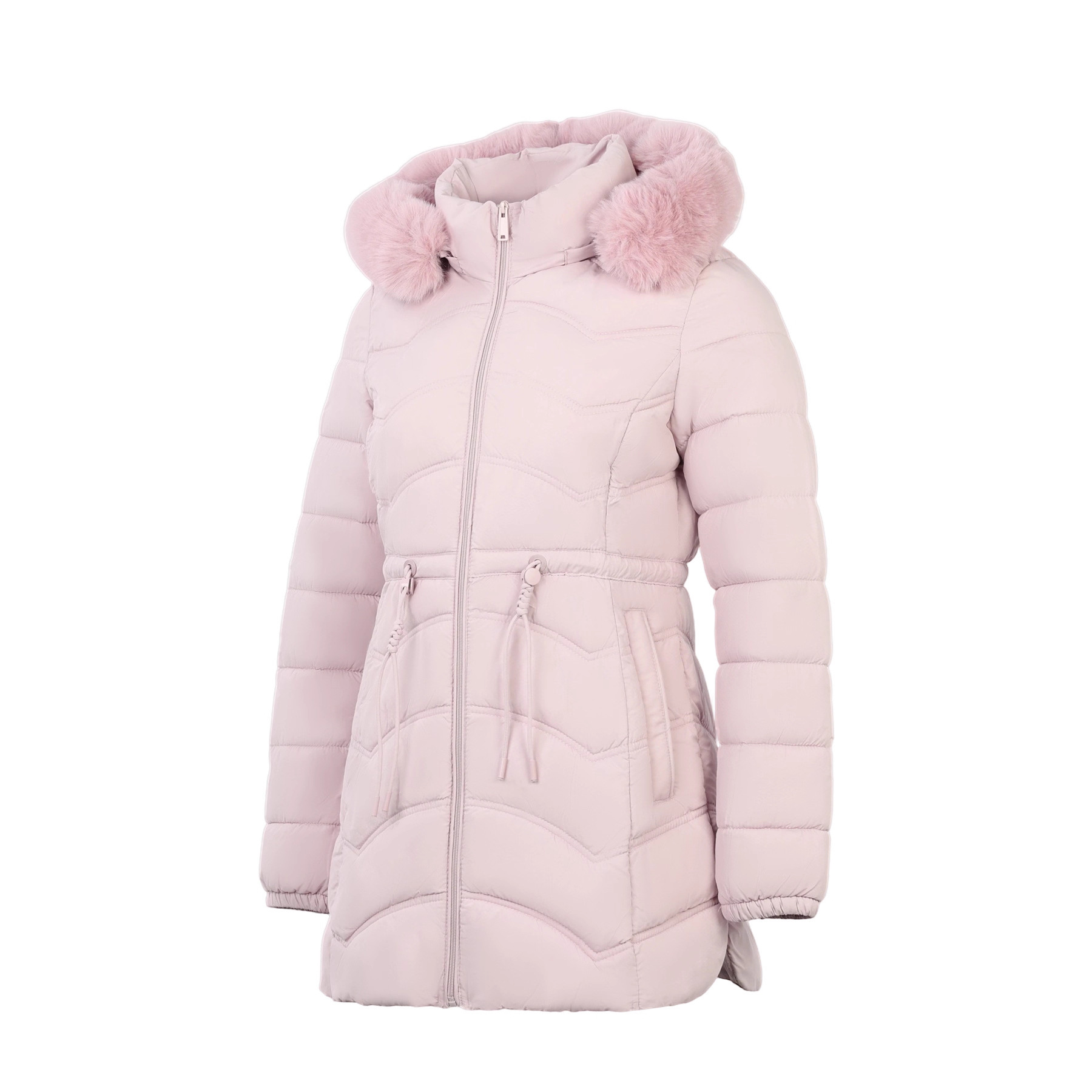 Women's Coat With Detachable Fur-trimmed Hood And A Cinched Waist For A Slimming Fit