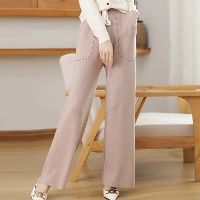Knitted Straight leg Wide leg Pants Women's High Waist Camel Color - Shop at LoveMi