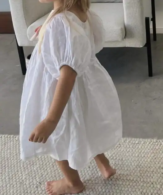 Cotton And Linen Girl Puff Sleeve Dress