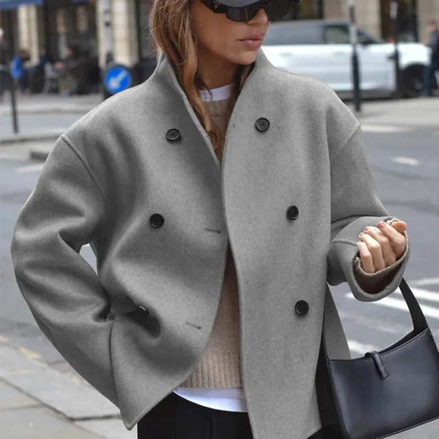 Women's Casual Double Breasted Solid Color Woolen Overcoat Coat Gray - Shop at LoveMi