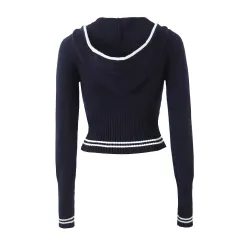 Women's Slim-fit Hood High Elastic Knitted Coat Set - Dark Blue Jacket A02 - View 1