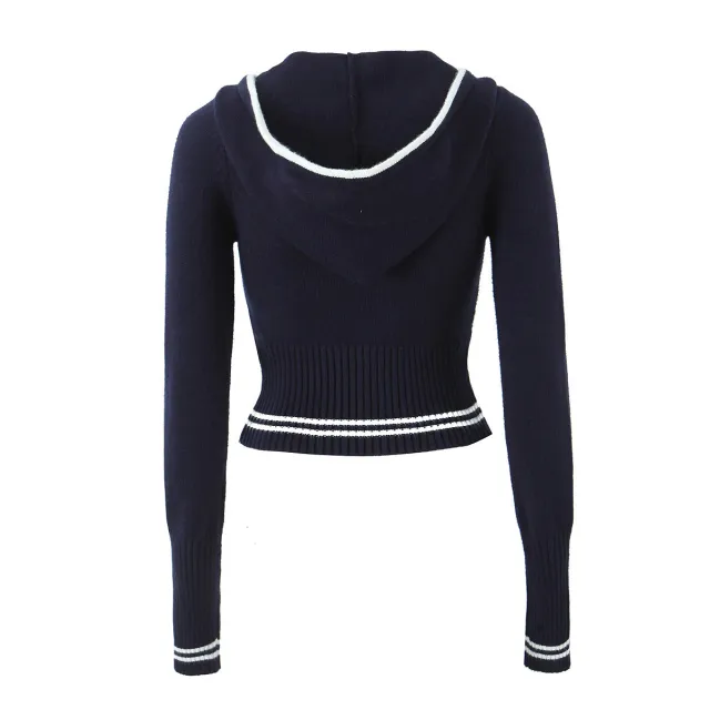 Women's Slim fit Hood High Elastic Knitted Coat Set Dark Blue Jacket A02 - Shop at LoveMi