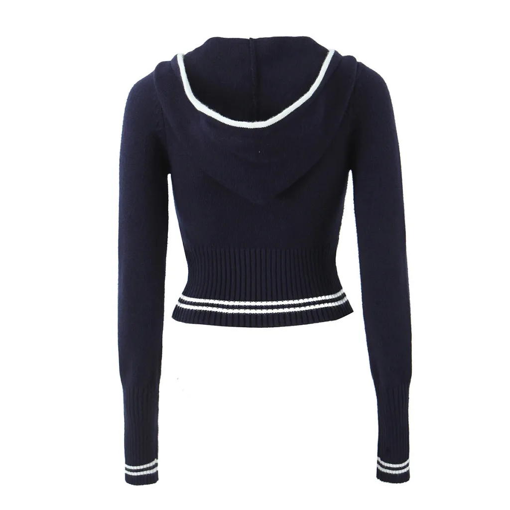 Women's Slim-fit Hood High Elastic Knitted Coat Set - Dark Blue Jacket A02