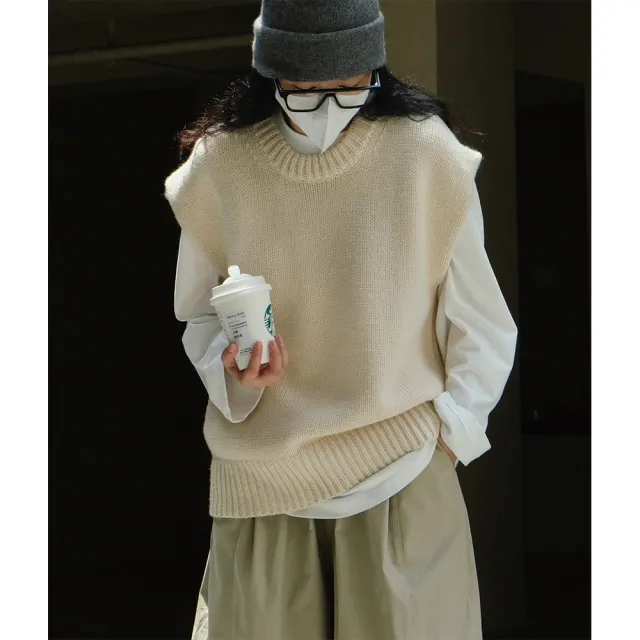 Women's Fashion Solid Color Wool Round Neck Knitted Vest Beige - Shop at LoveMi