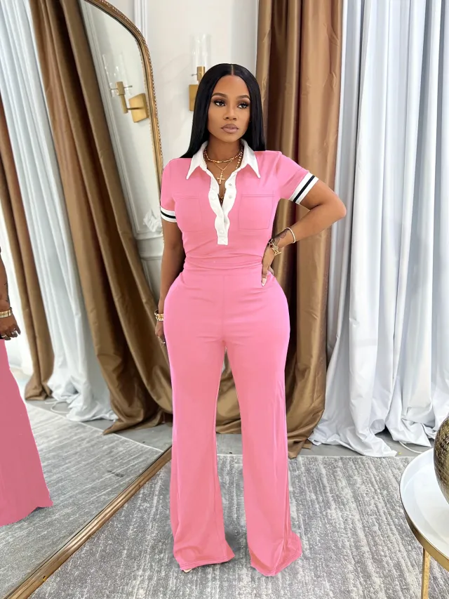 Polo Collar Top High waisted Wide leg Pants Color blocking Casual Two piece Set Pink - Shop at LoveMi