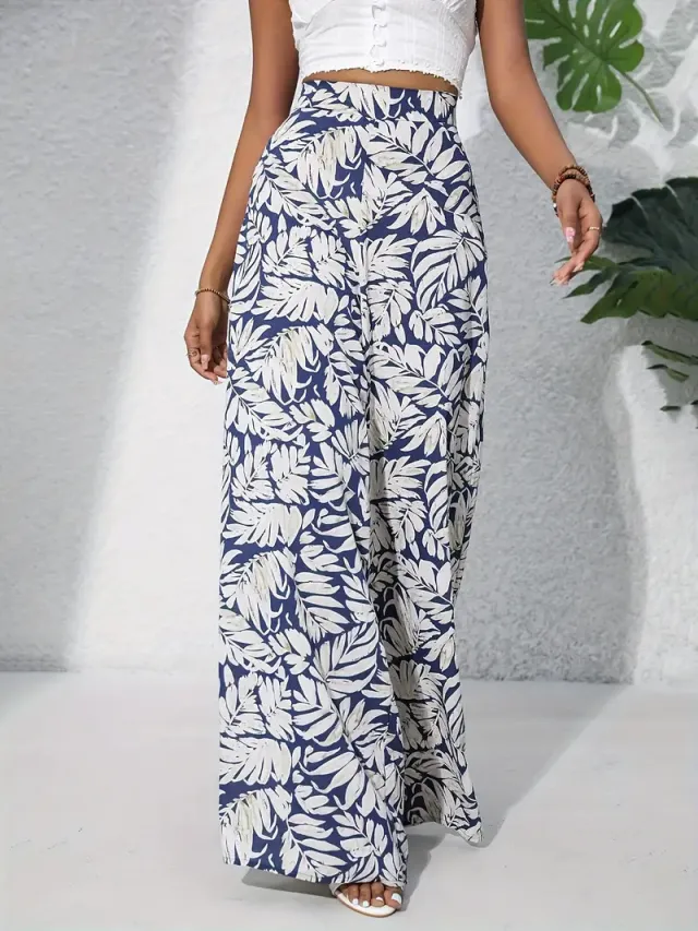 Printed Casual High Waist Wide Leg Pants Trousers Blue - Shop at LoveMi