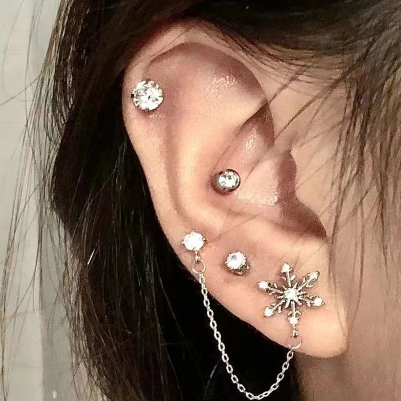 Double-hole Chain Ear Cuff Stud Earrings For Women Sweet Yet Edgy Y2K-style Colorful Starburst Earrings