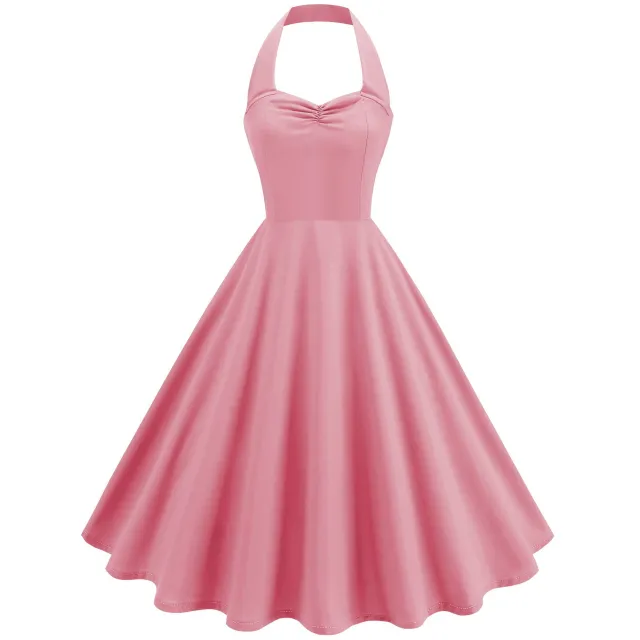 Retro Hepburn Style Little Black Dress Pure Color Halter Dress Pink - Shop at LoveMi
