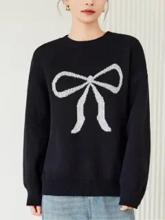 Women's Crew-Neck Knitted Pullover With Bowknot Pattern - Black - View 1
