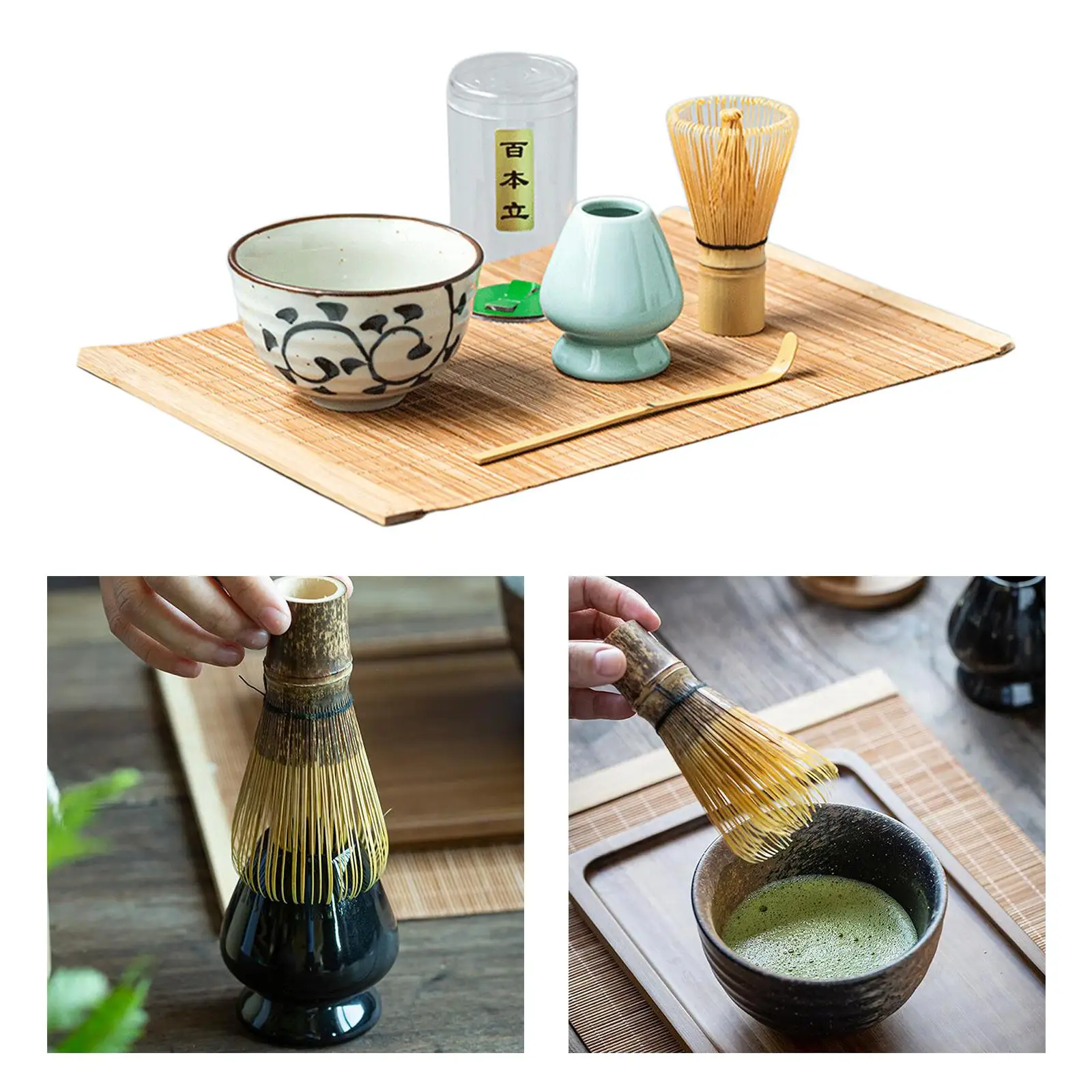 Matcha Whisk Set 5PC/1Set Premium Whisk (Chasen)+ Scoops (Chashaku)+ Tea Bowl+Mat +Stand Matcha Starter Set for Starter Ceremony