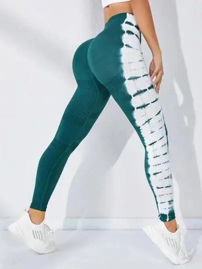 Tie dye Seamless Yoga Pants Quick drying Tight Belly Trimming Fitness Pants High Waist Hip Lift Green - Shop at LoveMi