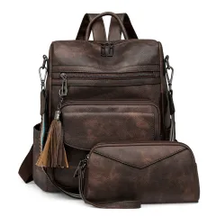 Retro Versatile Women's Backpack With Two-tone Fringe - Double Coarse Grain - View 1