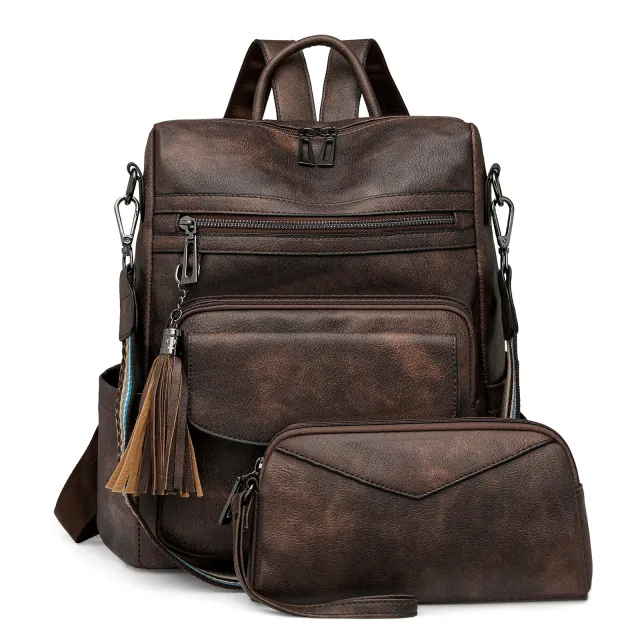 Retro Versatile Women's Backpack With Two tone Fringe Double Coarse Grain - Shop at LoveMi