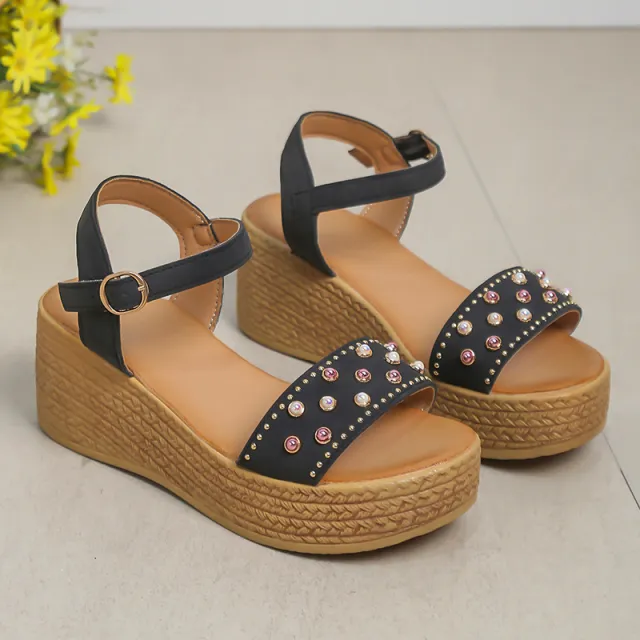 Tassel Platform Sandals Women's Elastic Band Rhinestone Wedge Outer Wear Black - Shop at LoveMi