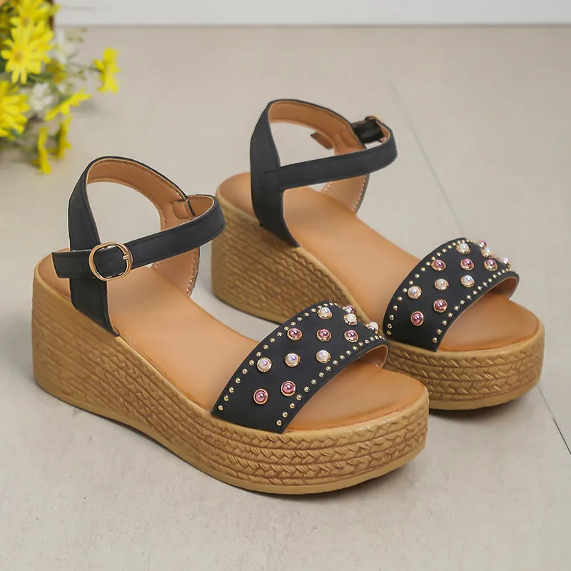 Tassel Platform Sandals Women's Elastic Band Rhinestone Wedge Outer Wear - Black