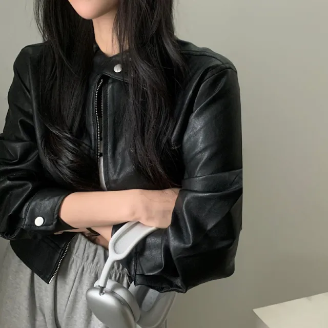 French Style Retro Elegant Zipped Stand Collar Biker's Leather Jacket Black - Shop at LoveMi