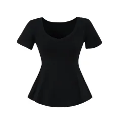 Summer New Solid Colour Tight Waist V-neck Women's Short Sleeve - Black - View 1