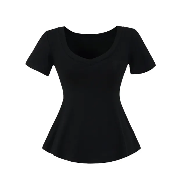 Summer New Solid Color Tight Waist V neck Women's Short Sleeve Black - Shop at LoveMi