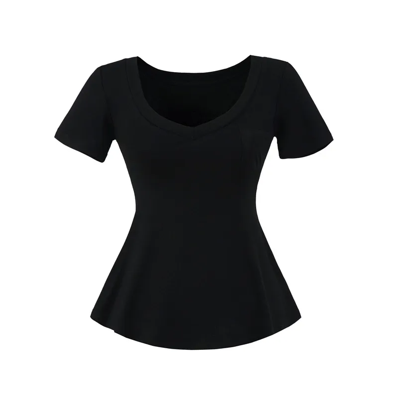 Summer New Solid Color Tight Waist V-neck Women's Short Sleeve - Black