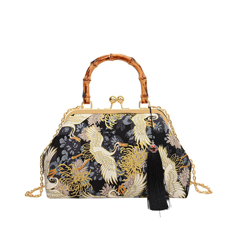 New Retro National Style Embroidered Clutch Bag Red-crowned Crane Handbag - Black