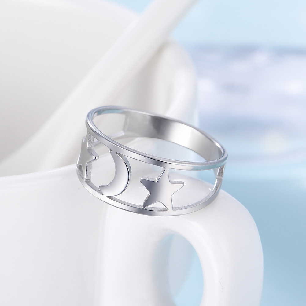 Japanese And Korean-style Hollow Star And Moon Stainless Steel Ring