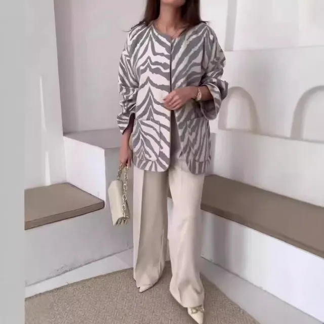 Women's Striped Printed French Lapel Suit Jacket Gray Stripes - Shop at LoveMi