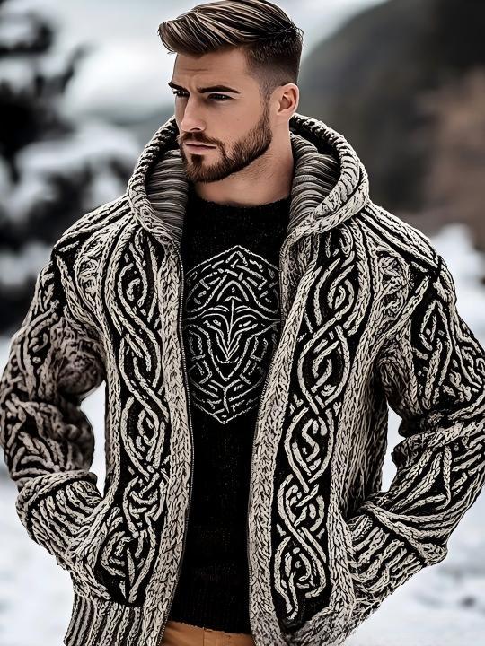 Men's Zippered Dual Pocket Casual Printed Hoodie