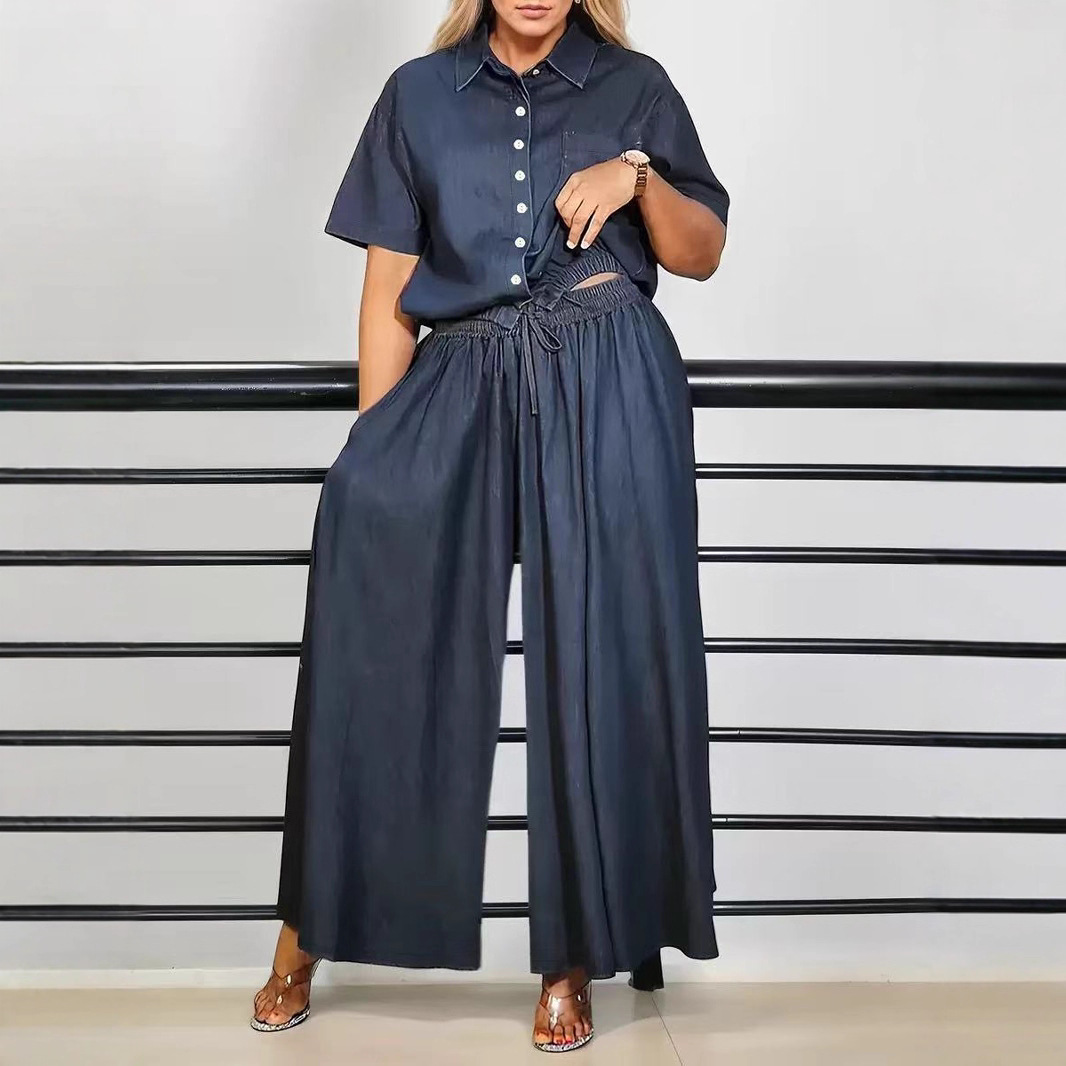 Womens Fashionable Loose Casual Solid-Color Two-Piece Set Short-Sleeve Top And Wide-Leg Long Pants