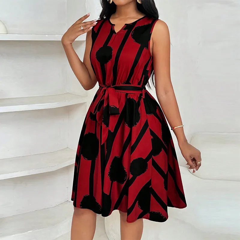 Womens European And American-style Belted A-line Dress - Red