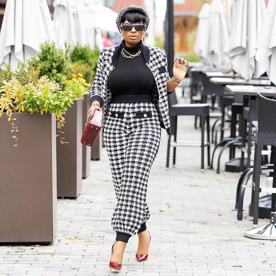 Houndstooth-print Button-up Jacket And Trousers Two-piece Set