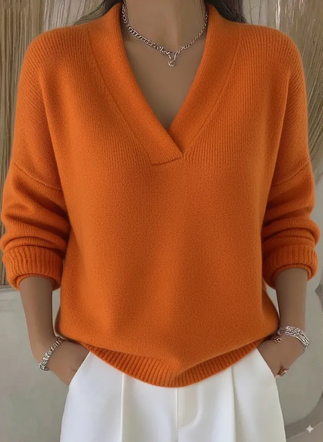 Elegant Soft V neck Long Sleeve Women's Sweater Knitted Loose Sweater Autumn And Winter New Solid Color Casual Fashion Women's Knitted Sweater Or... Orange Red - Shop at LoveMi