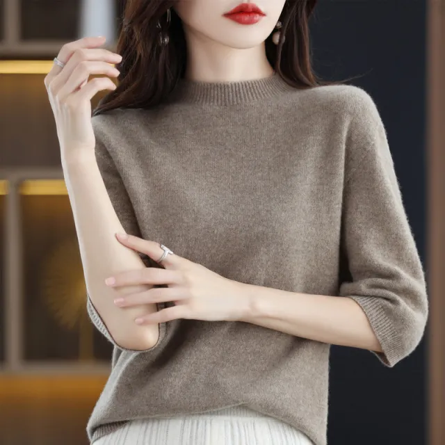 Pure Wool Women's Half Turtleneck Short Pullover Base Knitwear Three quarter Sleeve Sweater Raw Velvet Camel - Shop at LoveMi