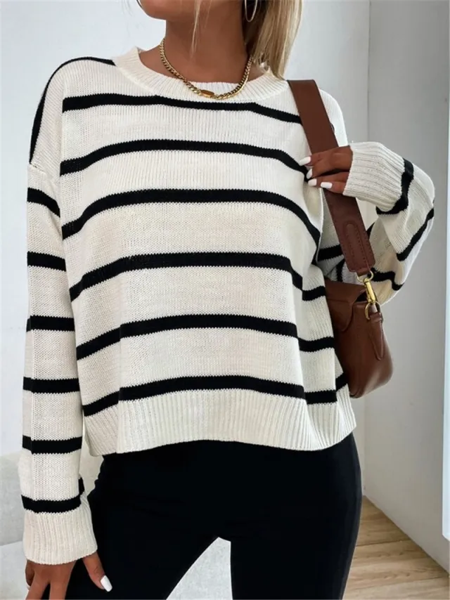 Round Neck Pullover Long Sleeve Base Layer Color Block Sweater Women White - Shop at LoveMi