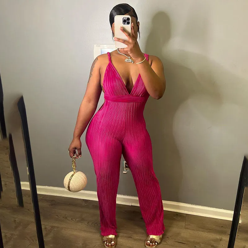 Women's Deep V Kinked High Waist With Straps Backless Jumpsuit - Rose Red